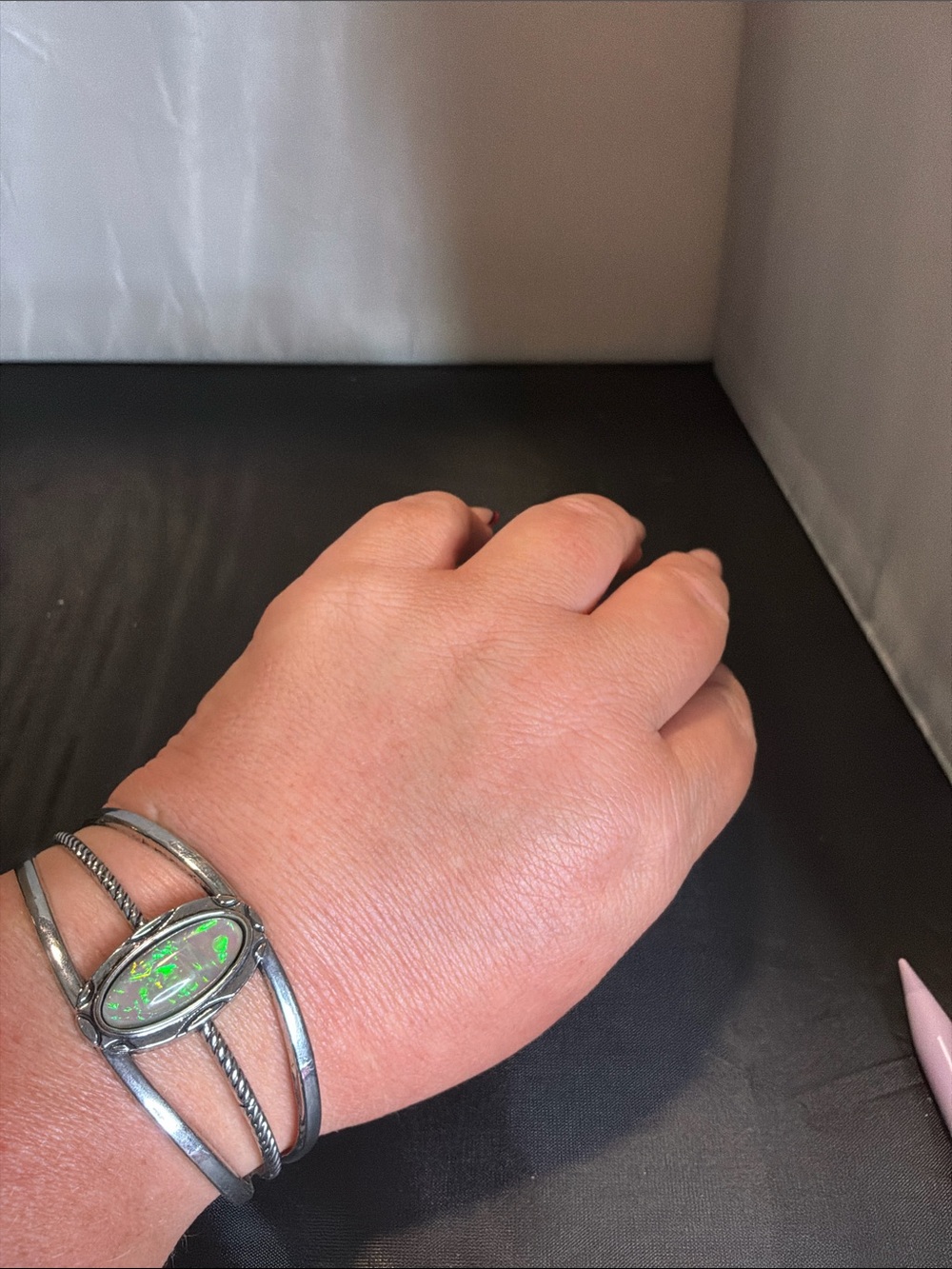 Silver inspired  Opal Cuff Bracelet - Iridescent White Stone - Picture 2 of 2